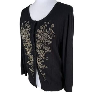 Vintage Cable Gauge Size L Hand Beaded Cardigan Sweater Black Button Front Knit